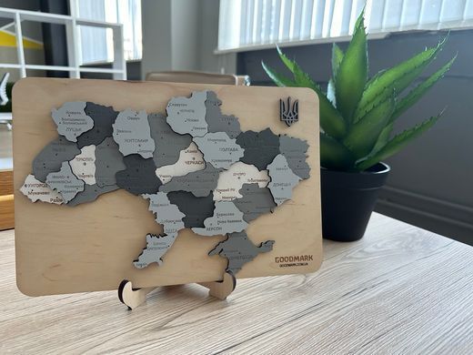 Деревʼяна карта України настільна багатошарова 3D, 30х20 см, в відтінках сірого