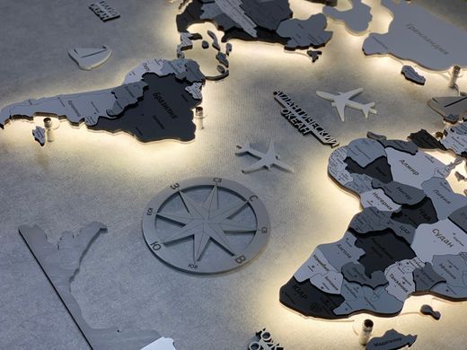 МНОГОСЛОЙНАЯ КАРТА МИРА С ПОДСВЕТКОЙ - СЕРАЯ, M: 100х60см, Full, Украинский, На акриле