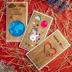 Набір листівок Primax-art - 3 шт, "Love is..., Travel, Единорожка" з дерева 19,5*10 см