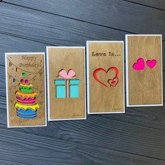 Набір листівок Primax-art - 4 шт, "Happy Birtday, Подарунок, Love is..., Повітряні сердечка" з дерева 19,5*10 см