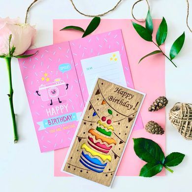 Набір листівок Primax-art - 4 шт, "Happy Birtday, Подарунок, Love is..., Повітряні сердечка" з дерева 19,5*10 см